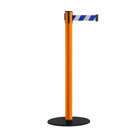 Montour Line Retractable Belt Stanchion, Low Base, 2.5" Orange Post 11' Blu/Wh Belt S400-OR-BWD-110